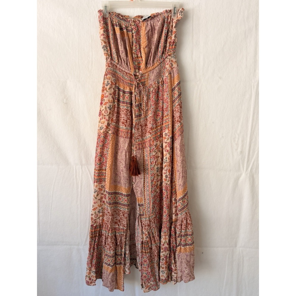 Dress Forum Sz S Strapless Patchwork Maxi Dress Boho Tassel Smocked Slit Tiered